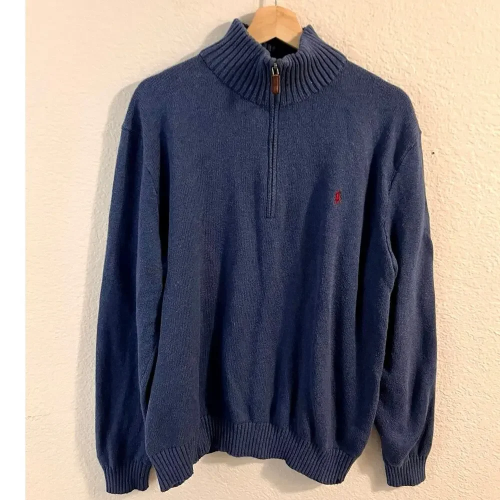 Polo Ralph Lauren Cotton Quarter Zip Sweater XXL Blue Pony Mock Neck Old Money - Picture 2 of 13